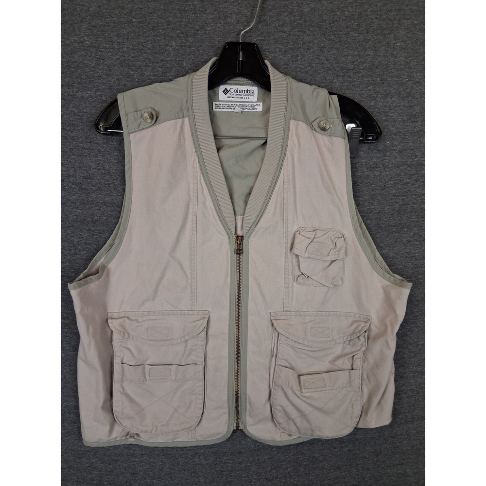 Columbia Mens Vest L Beige Canvas Utility‎ Fishing Hunting Hiking Outdoor Gorp